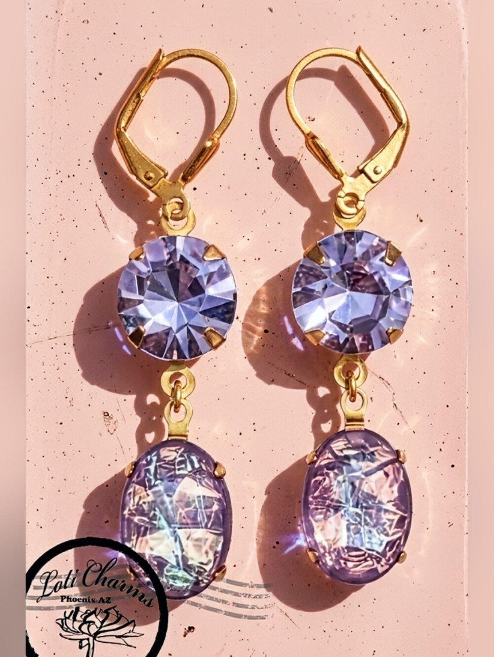 Swarovski Purple Crystal & Purple Fire Opal (Faux) In Gold Plated Drop Earrings
